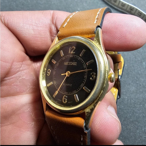 Vintage Westair Quartz 18k Gold Plated Watch Black Dial Brown Straps Working - Picture 4 of 9